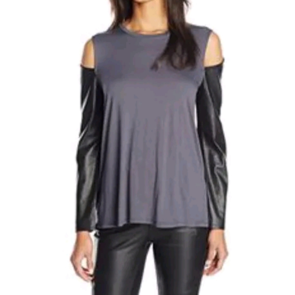 BCBG MAXAZRIA EBONY JUDSON FAUX LEATHER SLEEVE TOP SIZE S